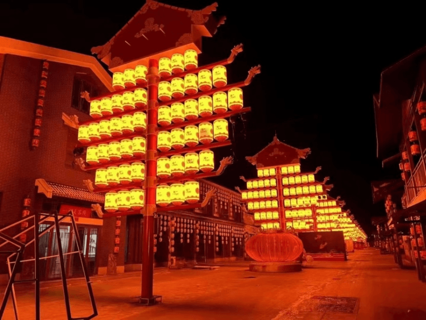 Traditional Chinese lantern luminaires illuminating a heritage commercial street at night